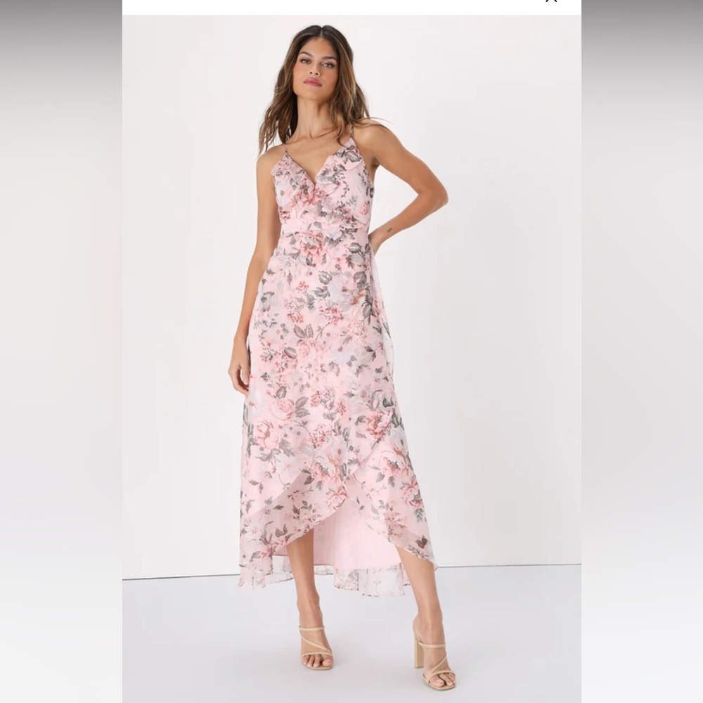 NWOT Dainty Love Blush Pink Floral Ruffled High-Low Faux-Wrap Dress Size Small